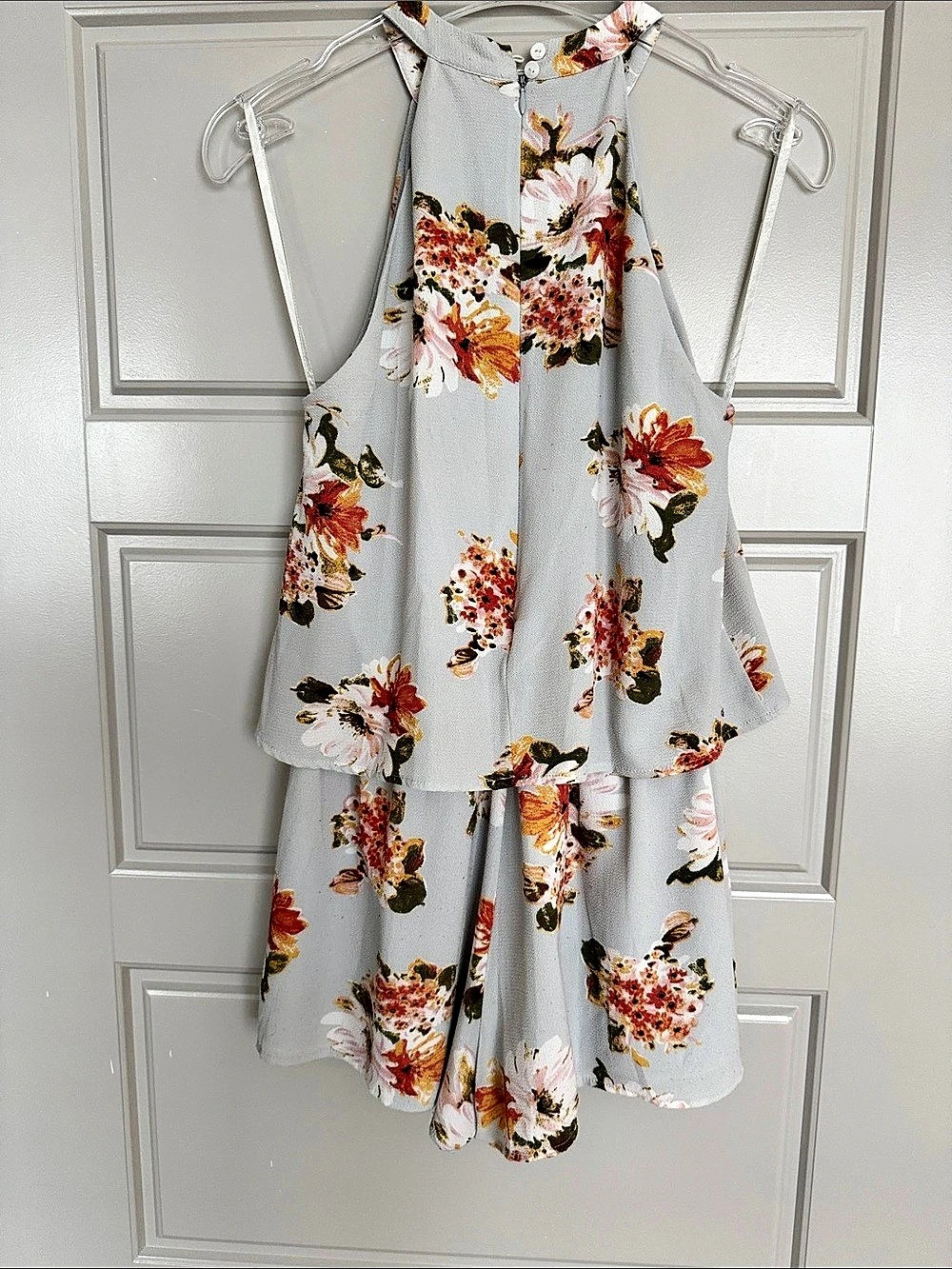 Entro Floral Tiered Mini Romper in Gray & Orange, S